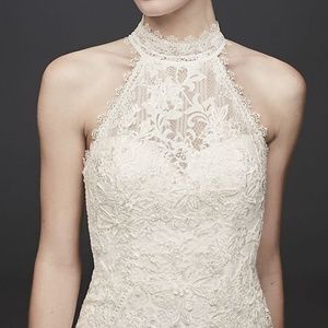 Ivory Lace High-Neck Halter Sheath Wedding Dress
